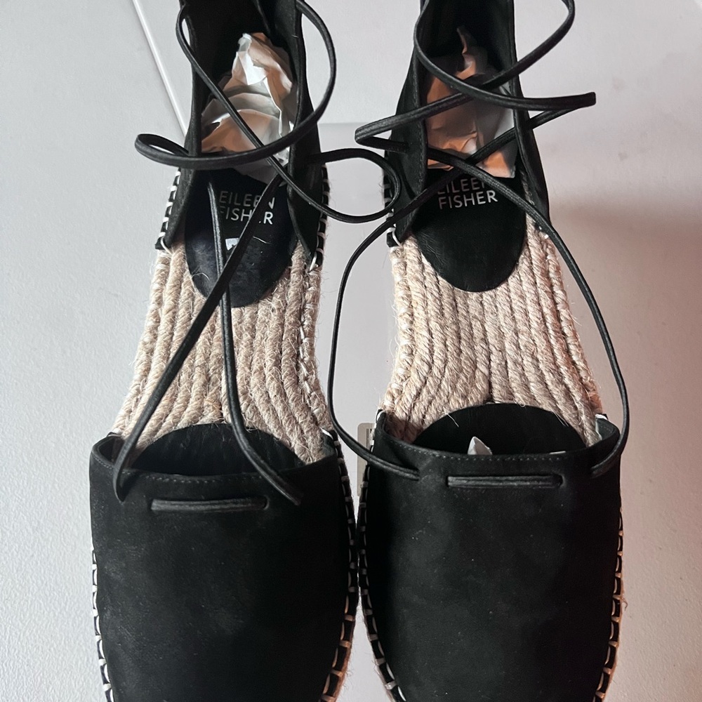 Eileen Fisher Lace-up Espadrilles. Size 7 Nubuck Black Suede . Rear zipper - Picture 3 of 12